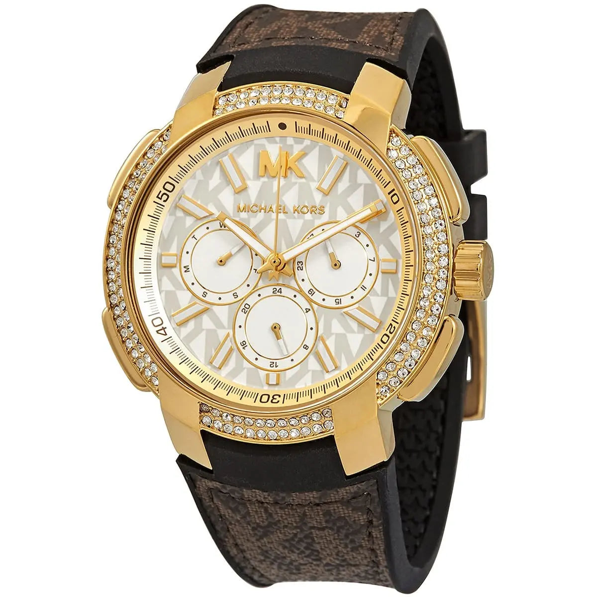 Michael Kors Sidney Logo Pattern Dial Brown Genuine Leather Women's Watch- MK6948