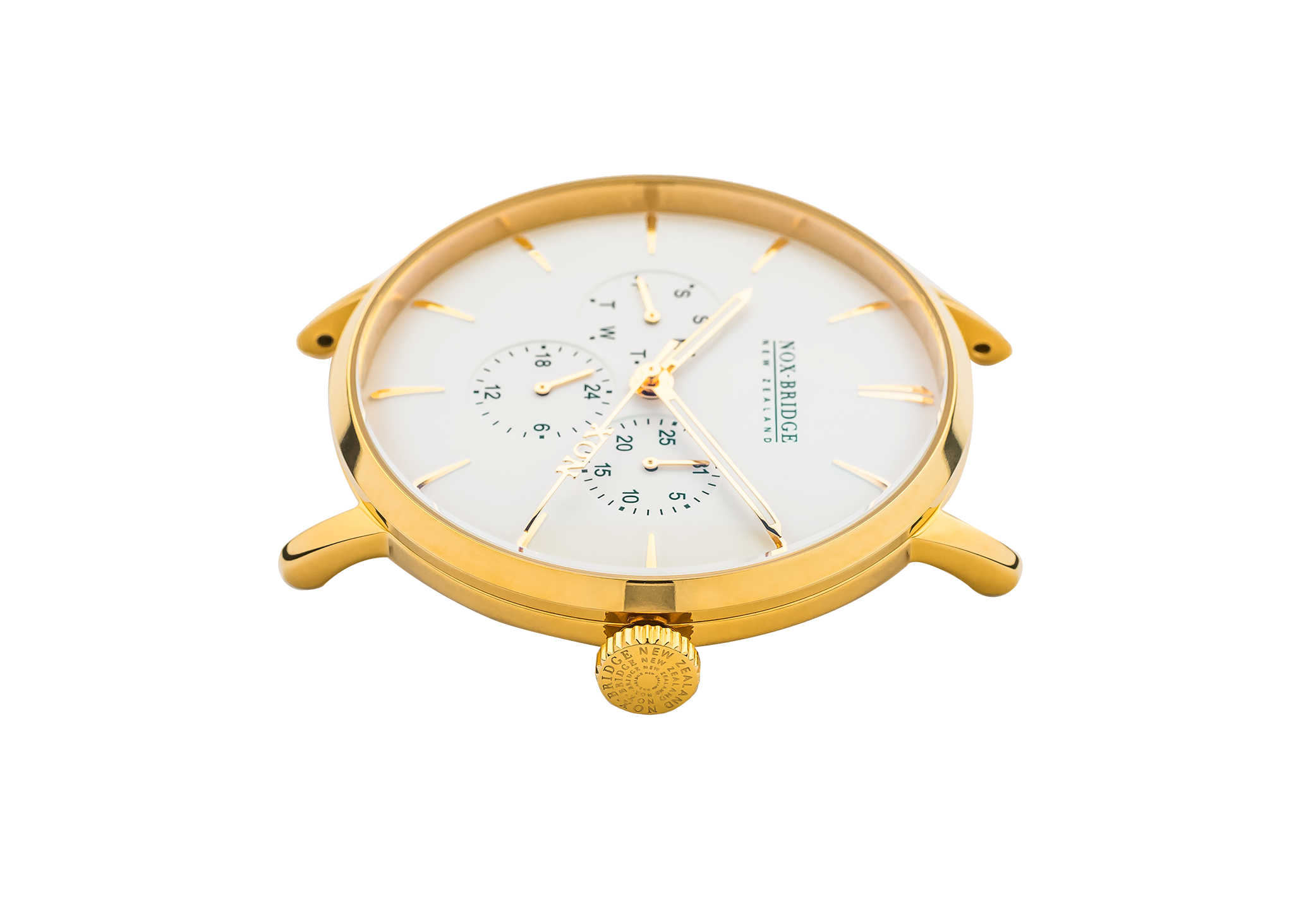 Angled view of Noxbridge Capella 36MM gold watch showing case and dial