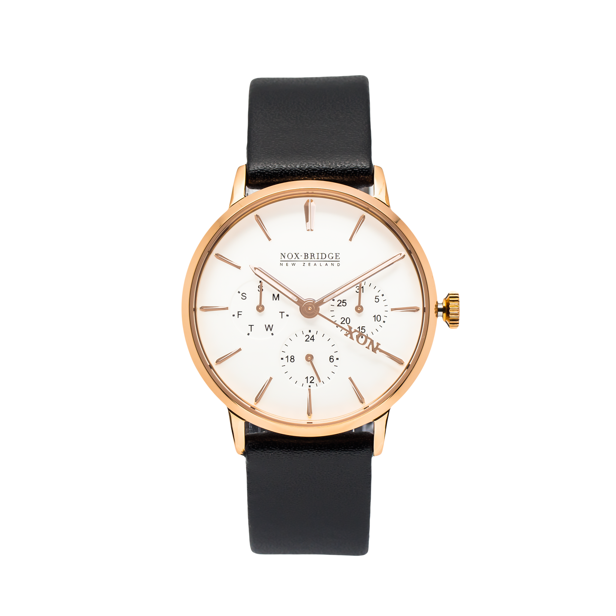 Noxbridge Classic Capella rose gold 36MM chronograph watch with white dial and black leather strap