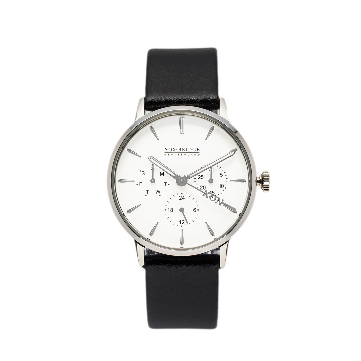 Noxbridge Classic Capella Silver 36MM watch with white dial and black leather strap