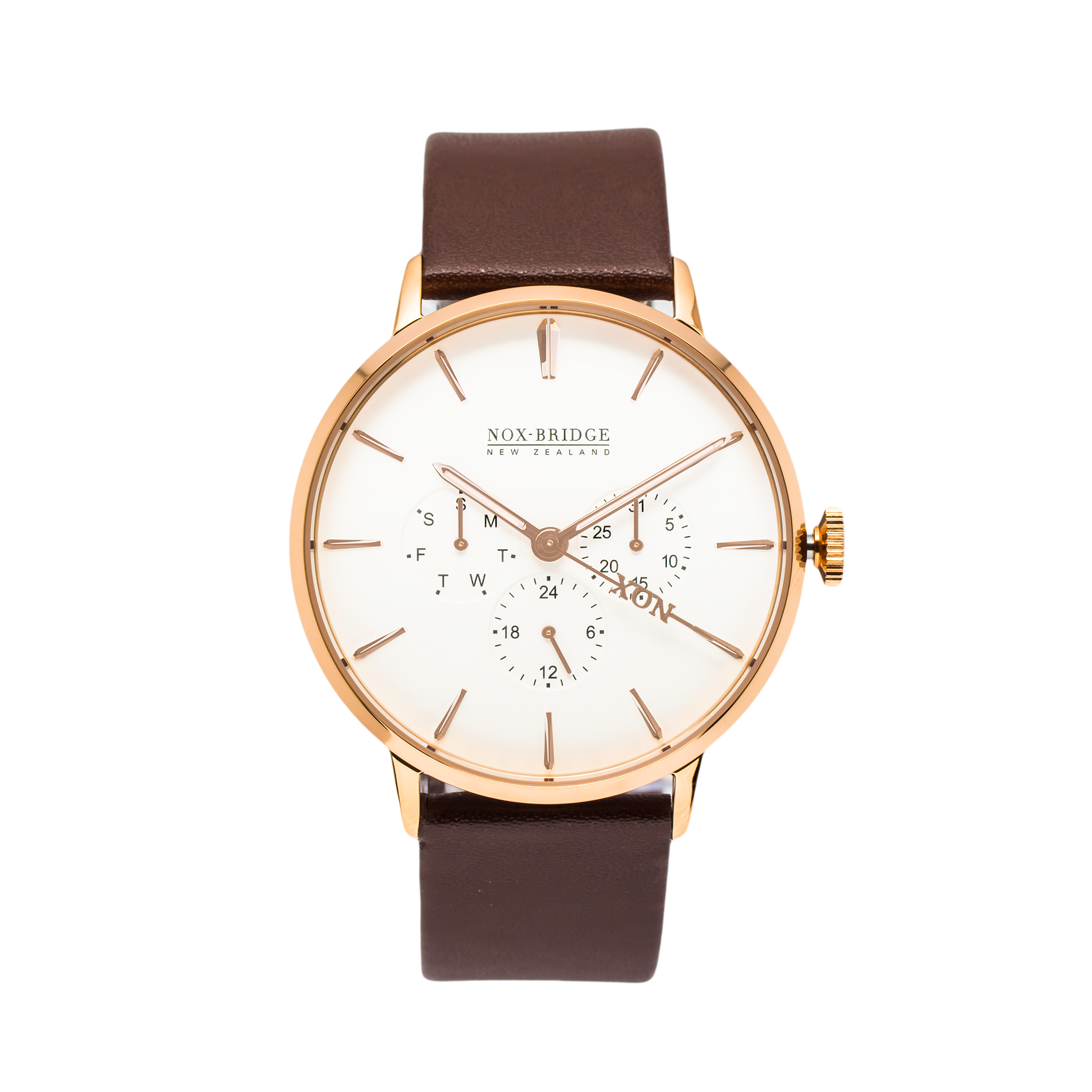 Noxbridge Classic Izar rose gold 41mm watch with cream dial and brown leather strap