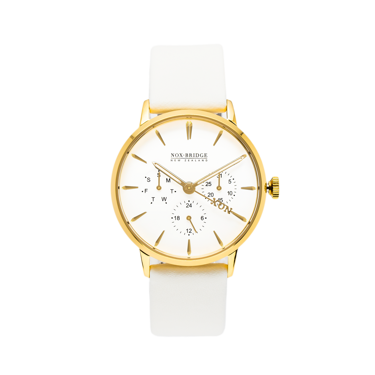 Noxbridge Classic Meissa 36mm gold chronograph watch with white dial and gold plated case