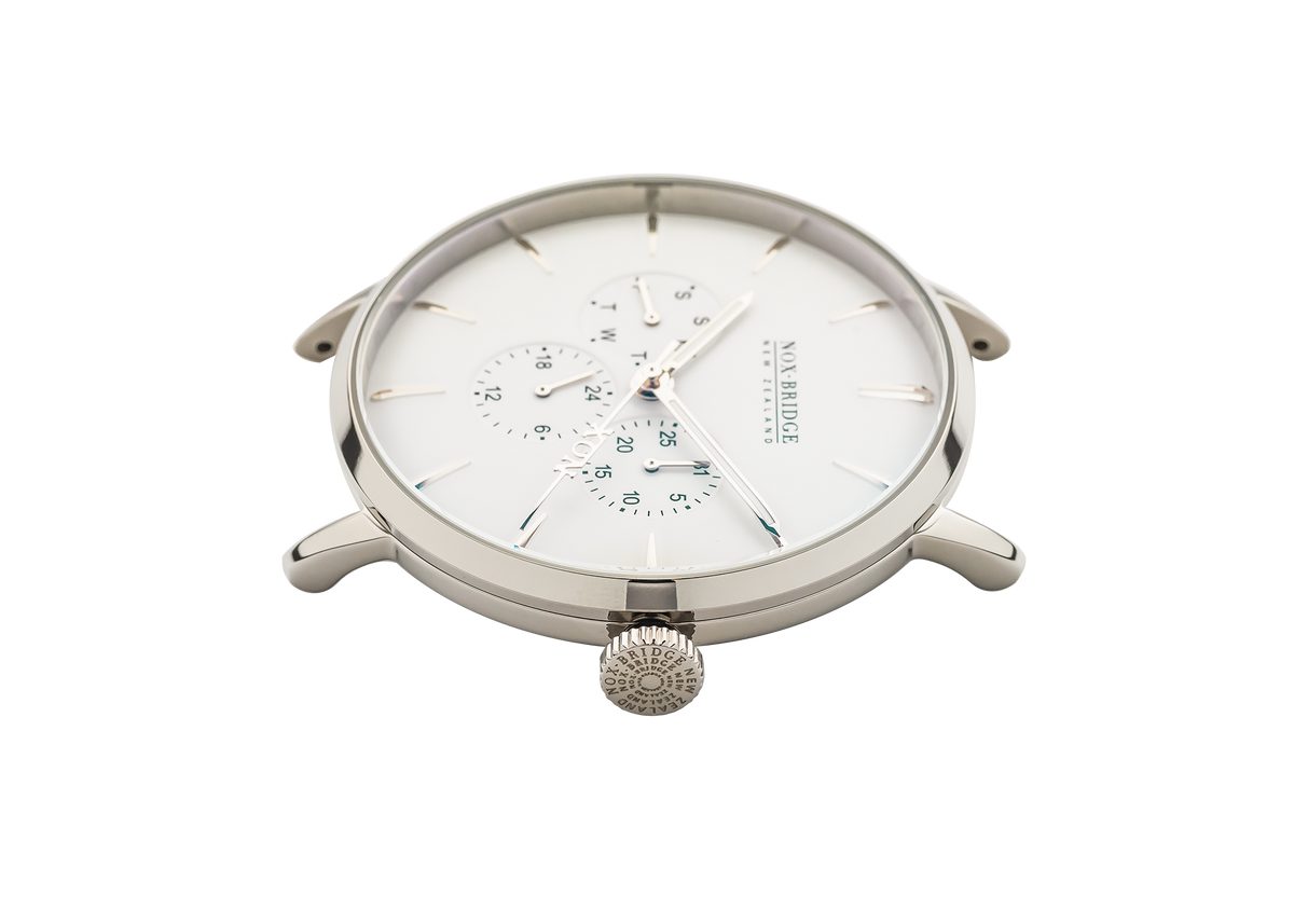 Noxbridge Meissa watch angled view showing silver case and white dial