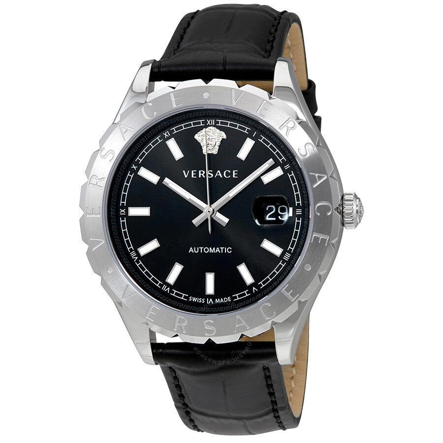 Open Box - Versace Hellenyium Black Dial Automatic Men's Leather Watch VZI010017 - Dawson Watches