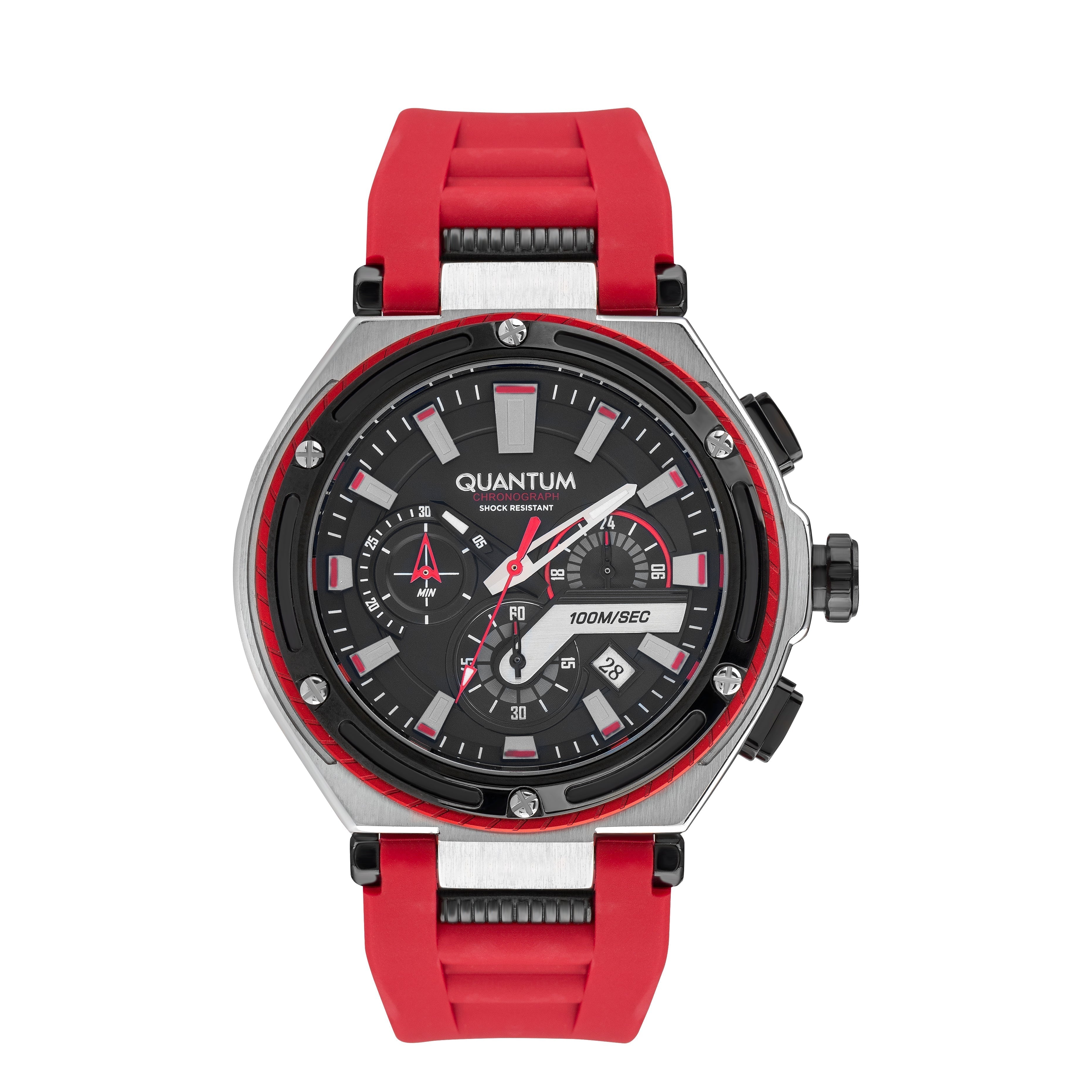 Quantum Chronograph watch with black dial, red silicone strap, and chronograph subdials