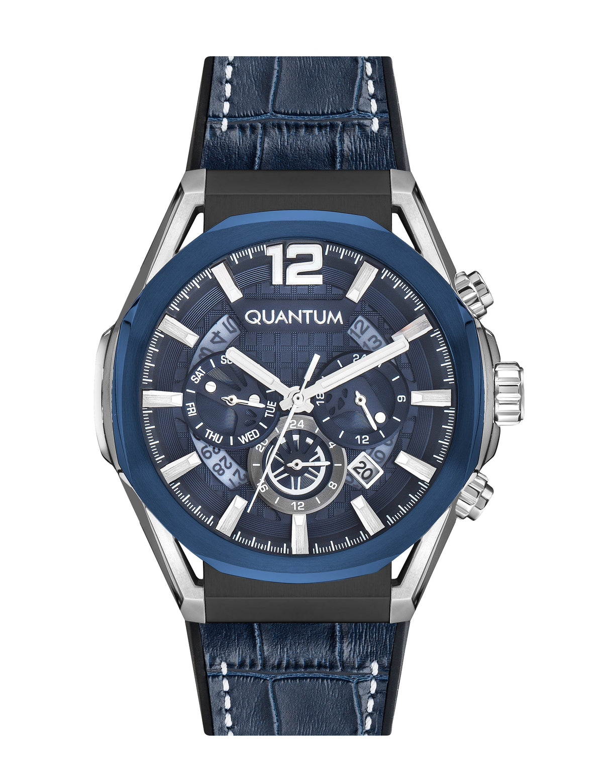 Quantum Powertech blue dial chronograph watch with silver case, blue leather strap, and visible subdials
