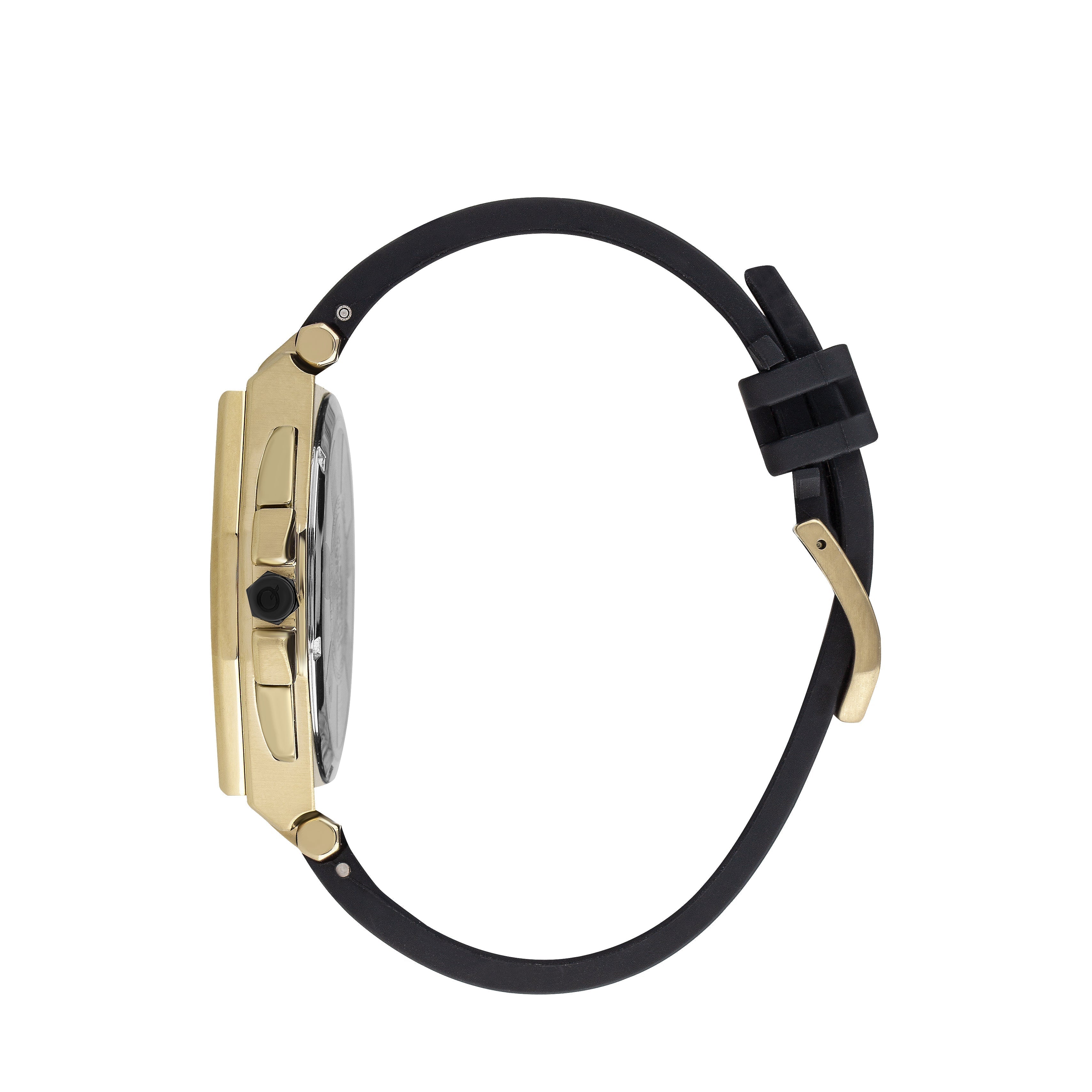 Side view of Quantum chronograph watch showing gold case profile and black strap