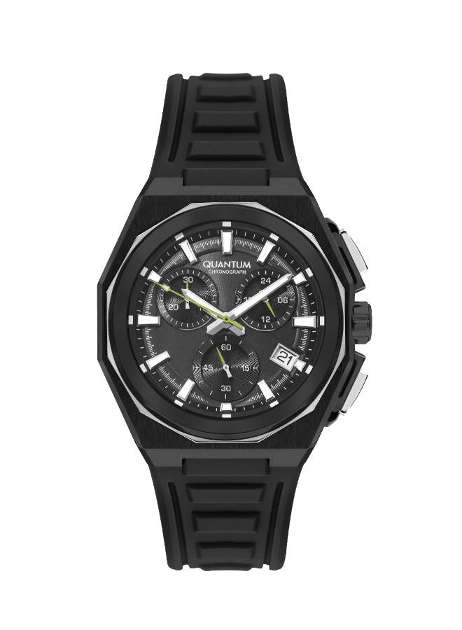 Quantum all-black chronograph watch with date display and silicone strap