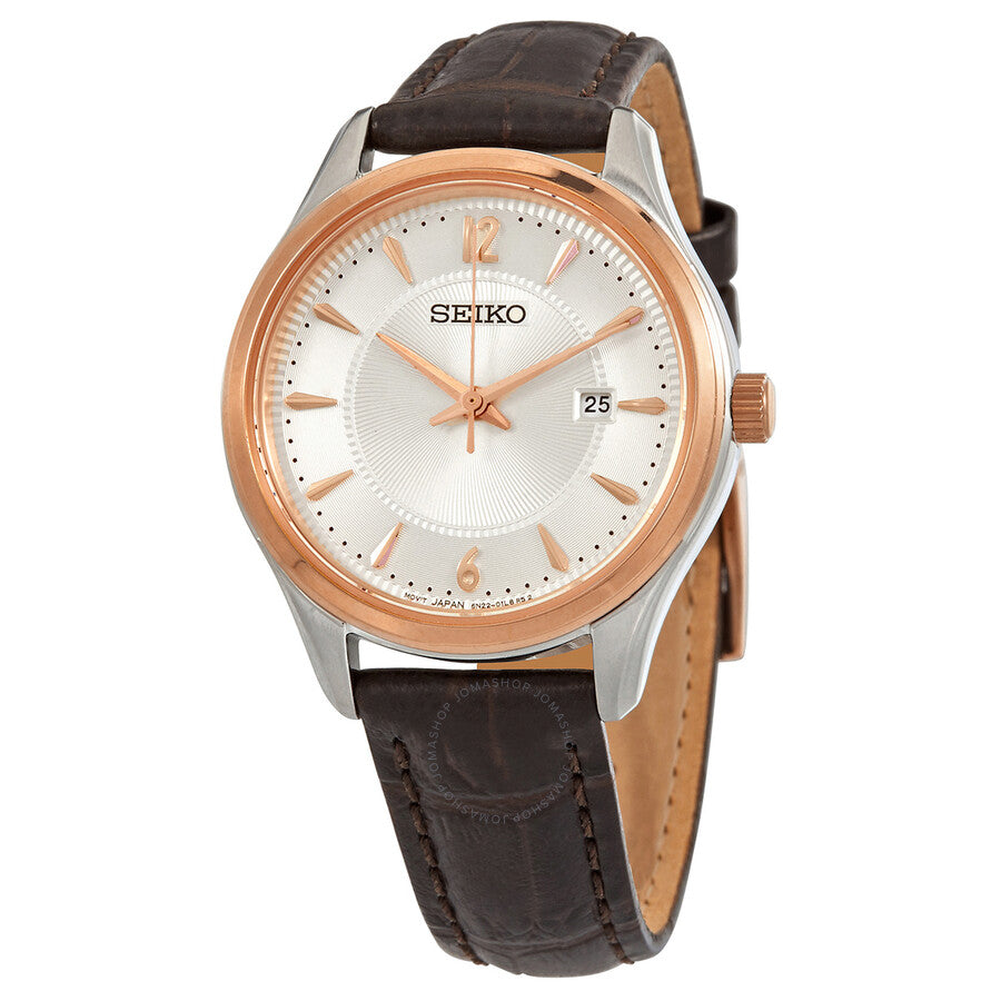 Seiko Noble Quartz Silver Dial Brown Leather Ladies Watch SUR428 - Dawson Watches