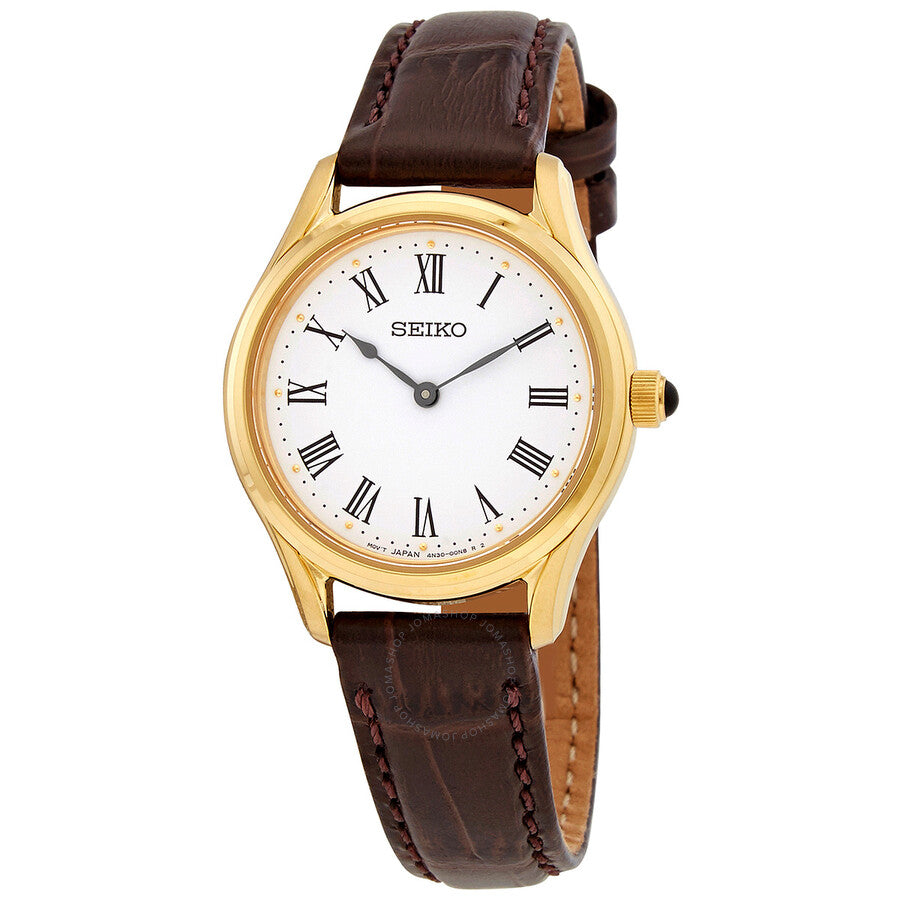 Seiko Quartz White Dial Brown Leather Ladies Watch SWR072P1 - Dawson Watches