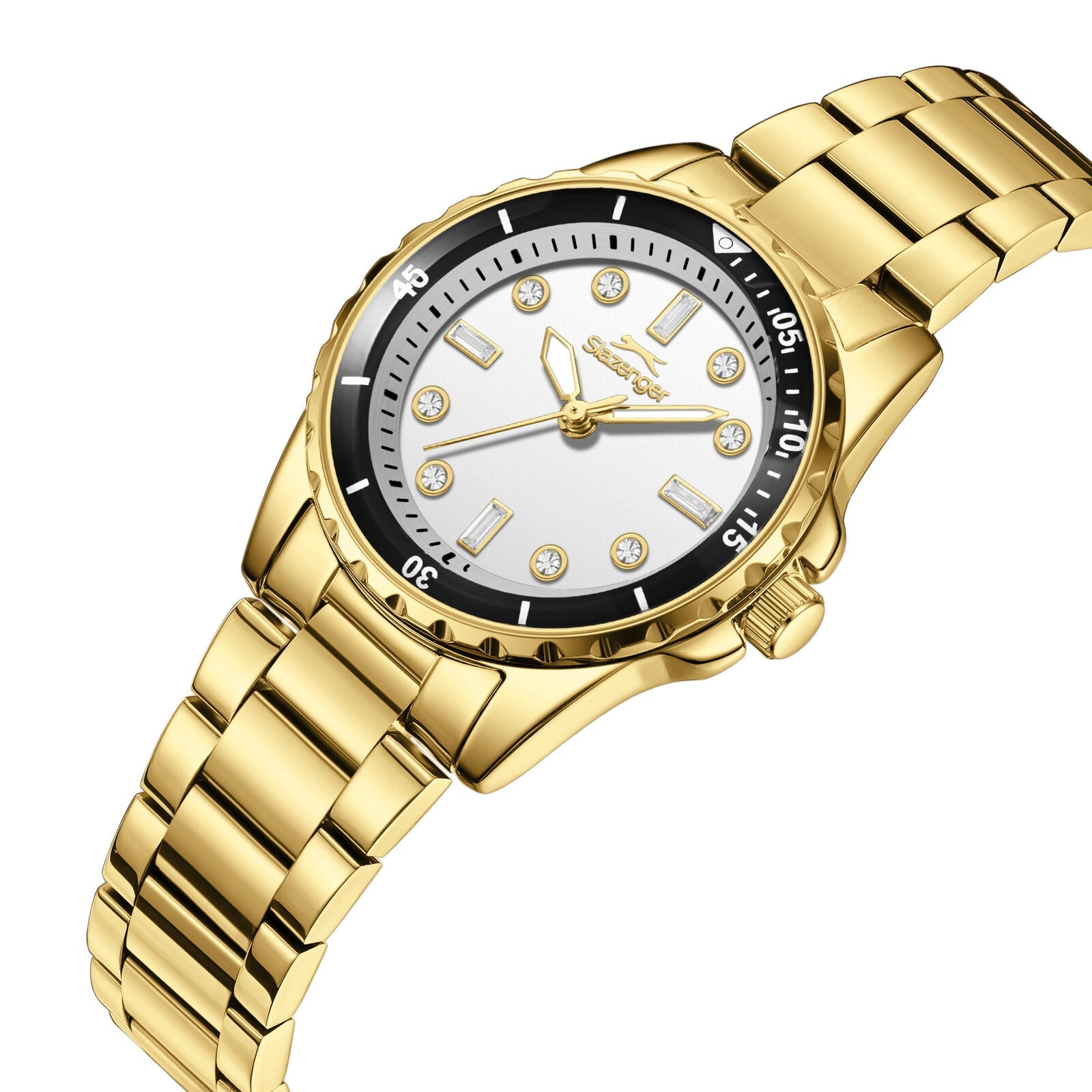 Slazenger Classic Crystals gold watch at angle showing case and bracelet detail