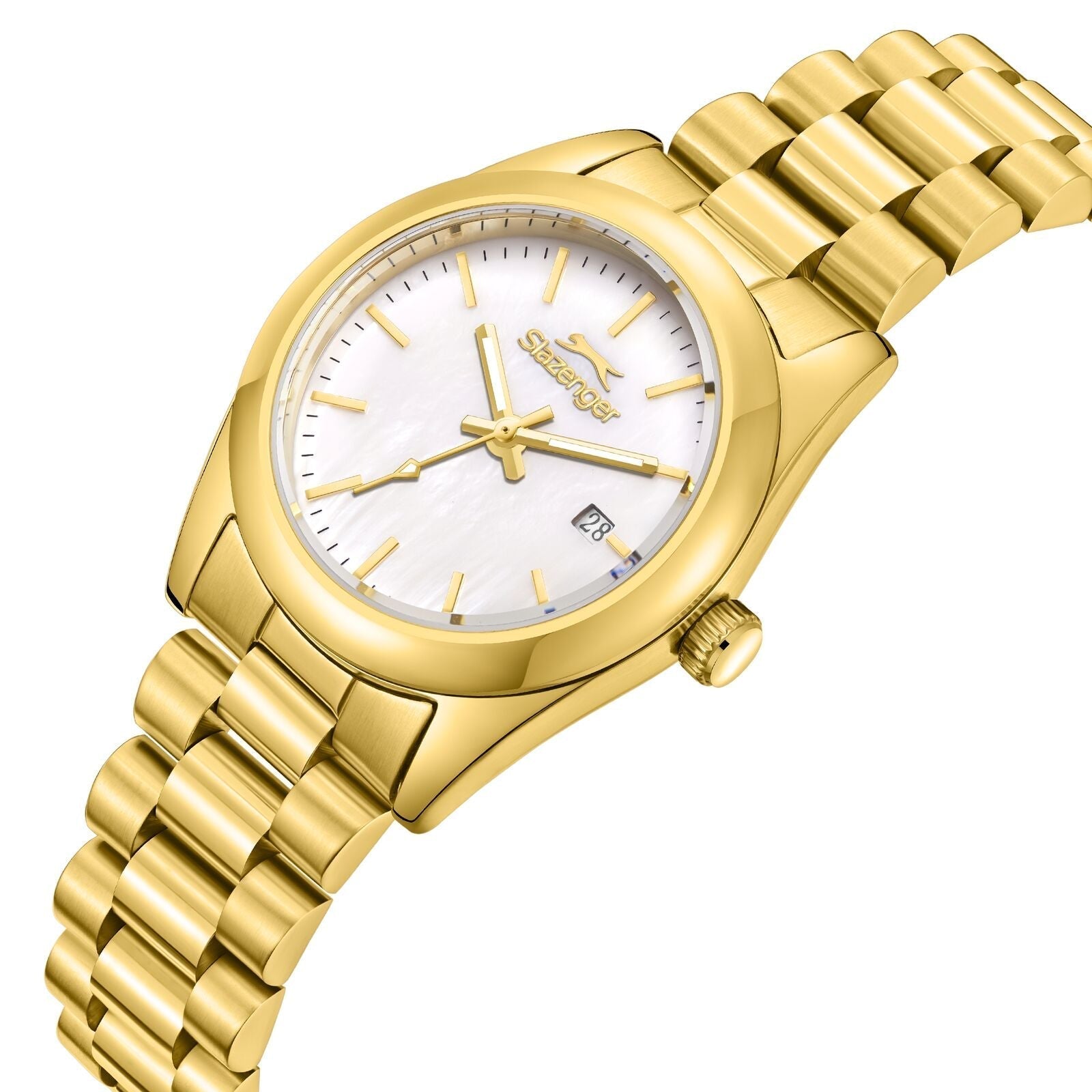 Slazenger Classic gold watch at angle showing white dial and date window with gold bracelet