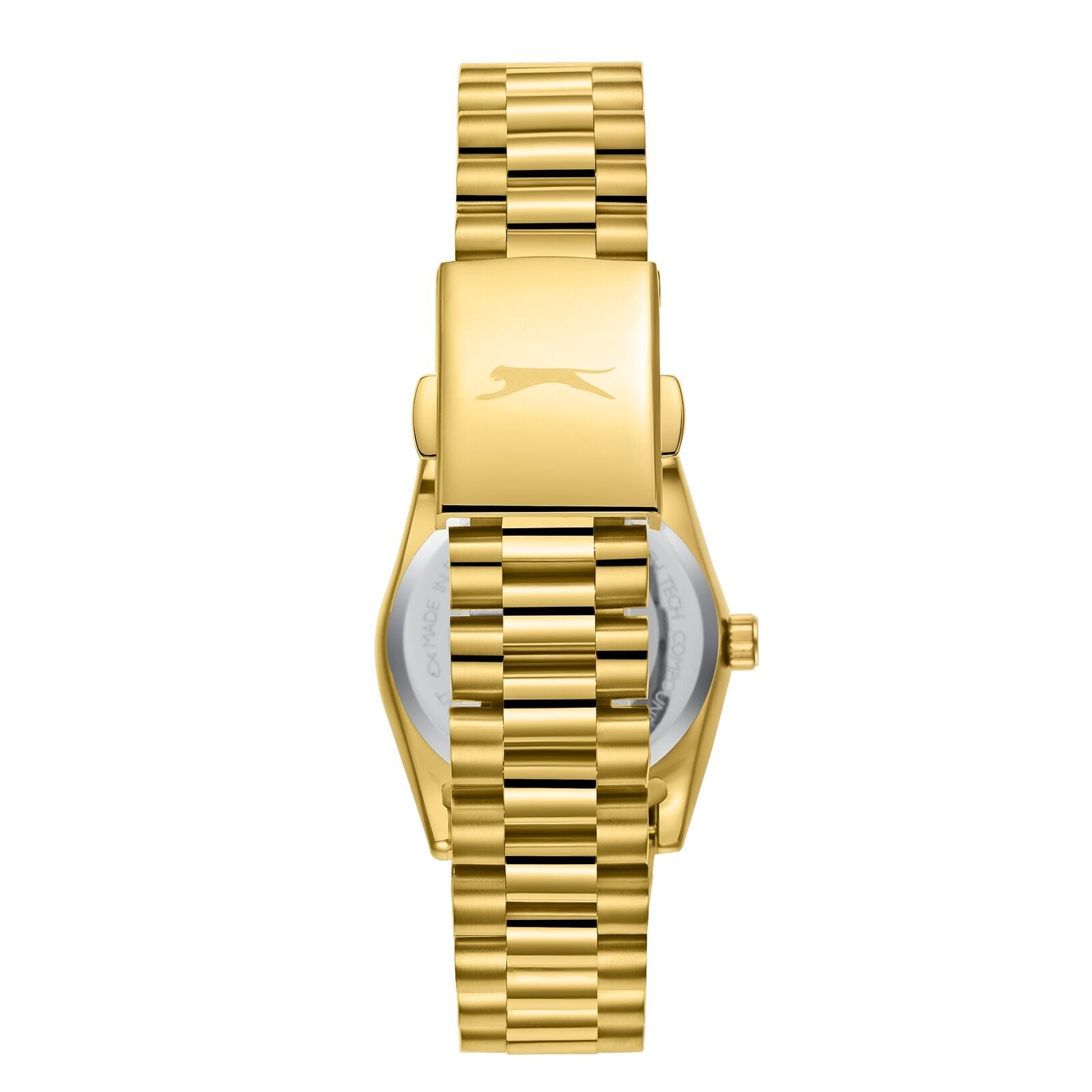 Caseback view of Slazenger Classic gold watch showing case and bracelet