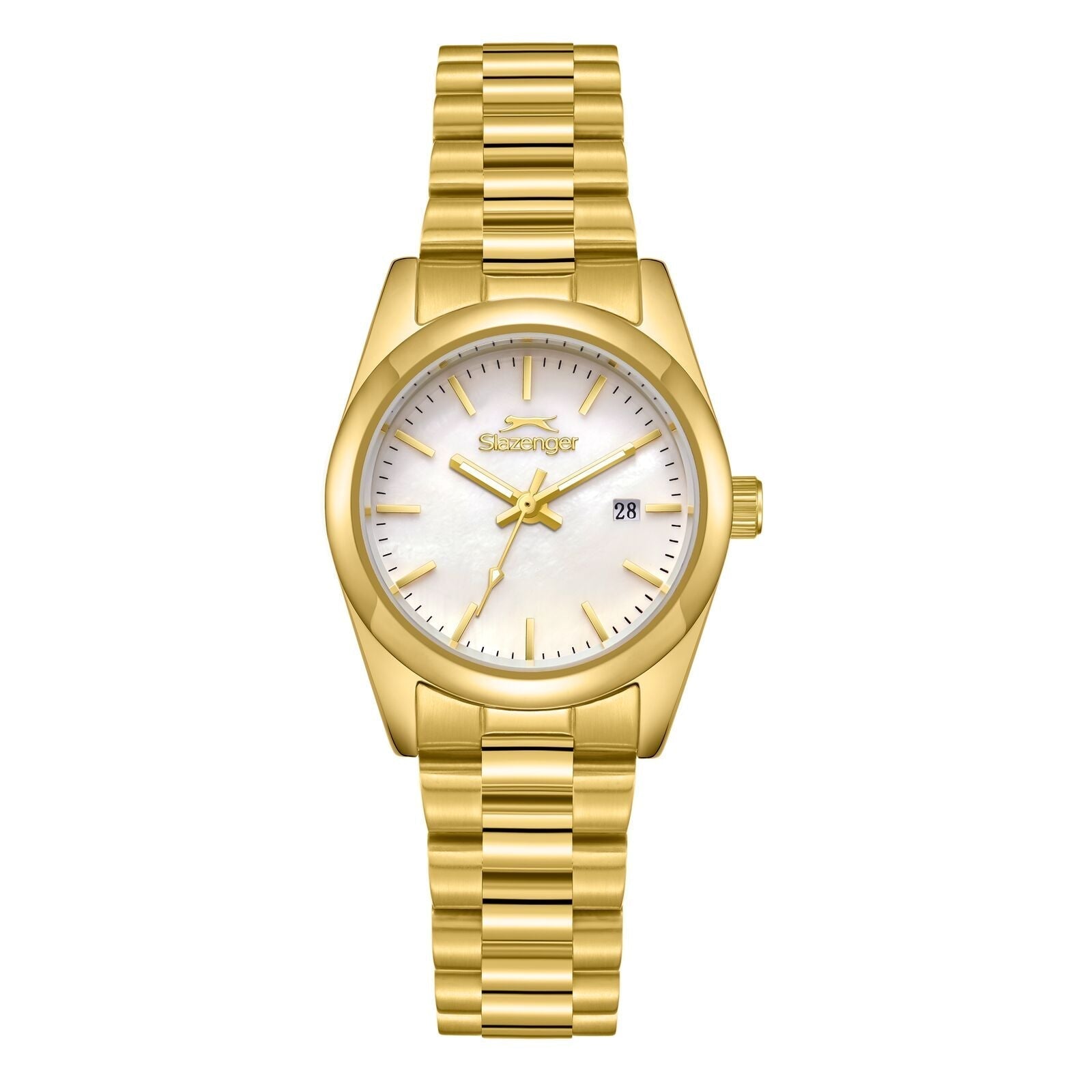 Slazenger Classic gold watch with white dial, date window, and gold metal bracelet