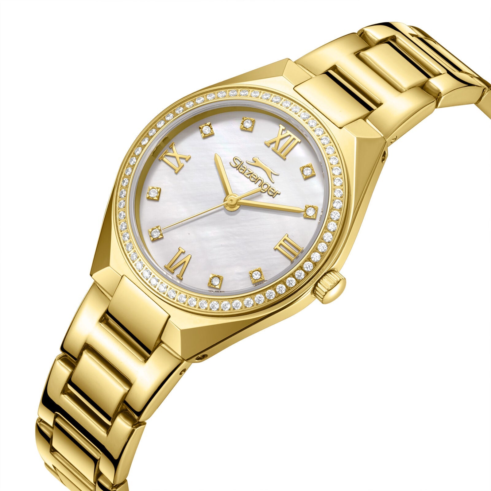 Slazenger Crystals gold watch angled view showing white dial and crystal-set bezel