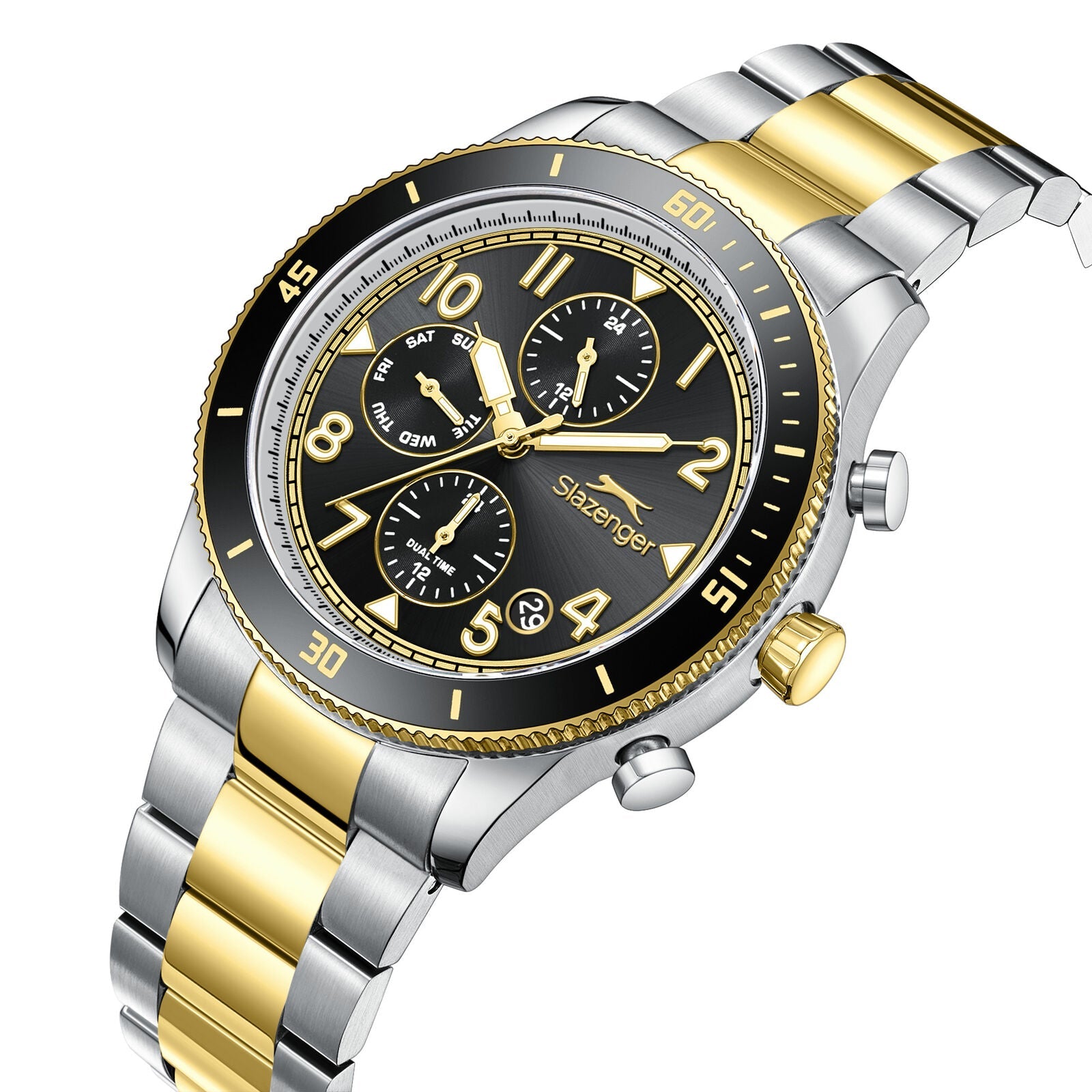 Slazenger two-tone watch with black dial, silver and gold case, three subdials and chronograph pushers