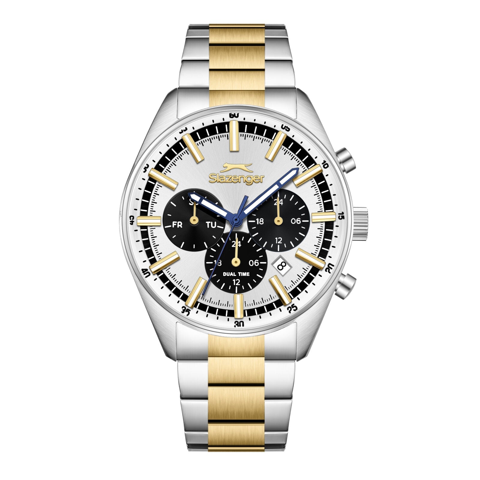 Slazenger Heritage two-tone multifunction watch with silver and gold bracelet, white dial with black subdials