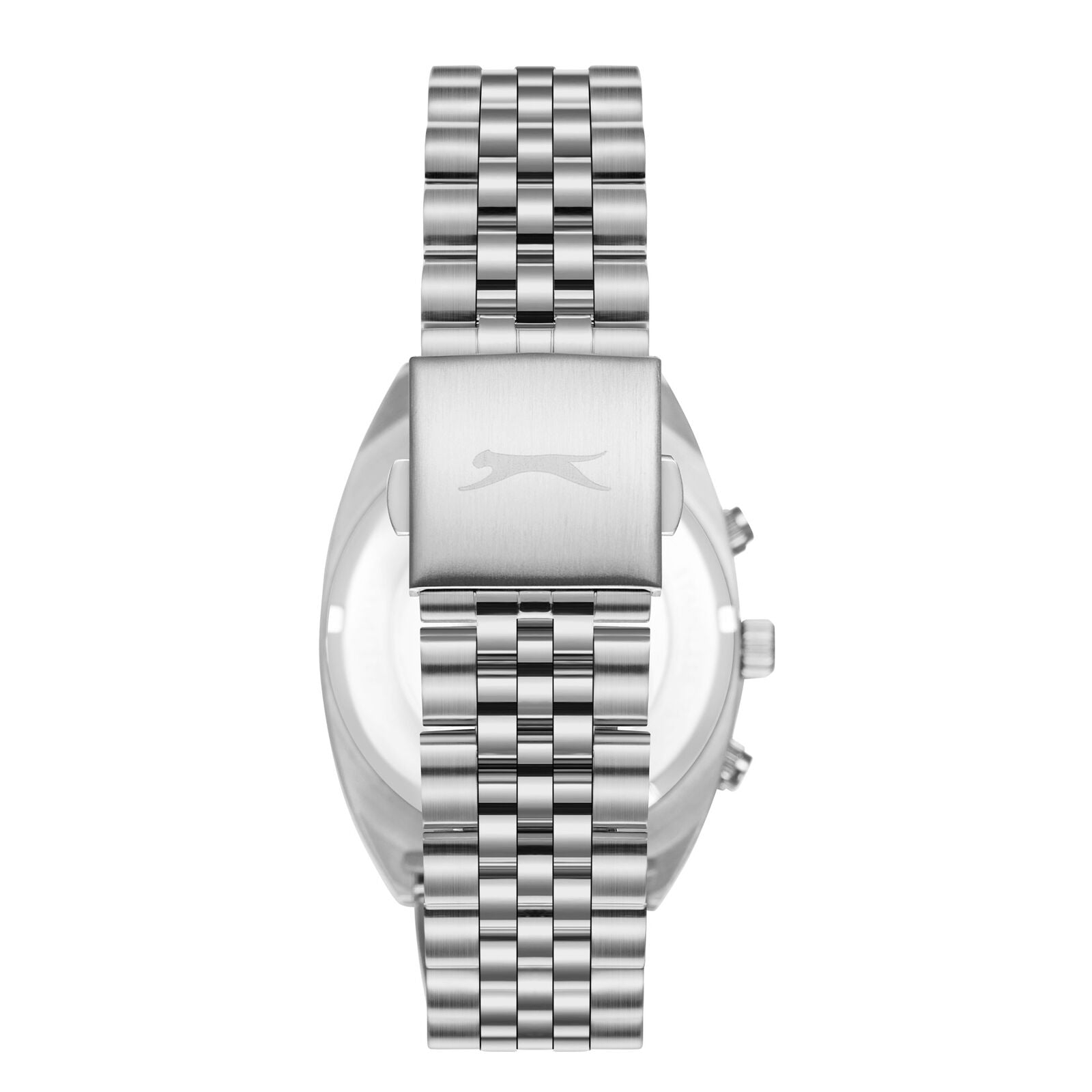 Caseback view of Slazenger Luminous multifunction watch with silver metal bracelet