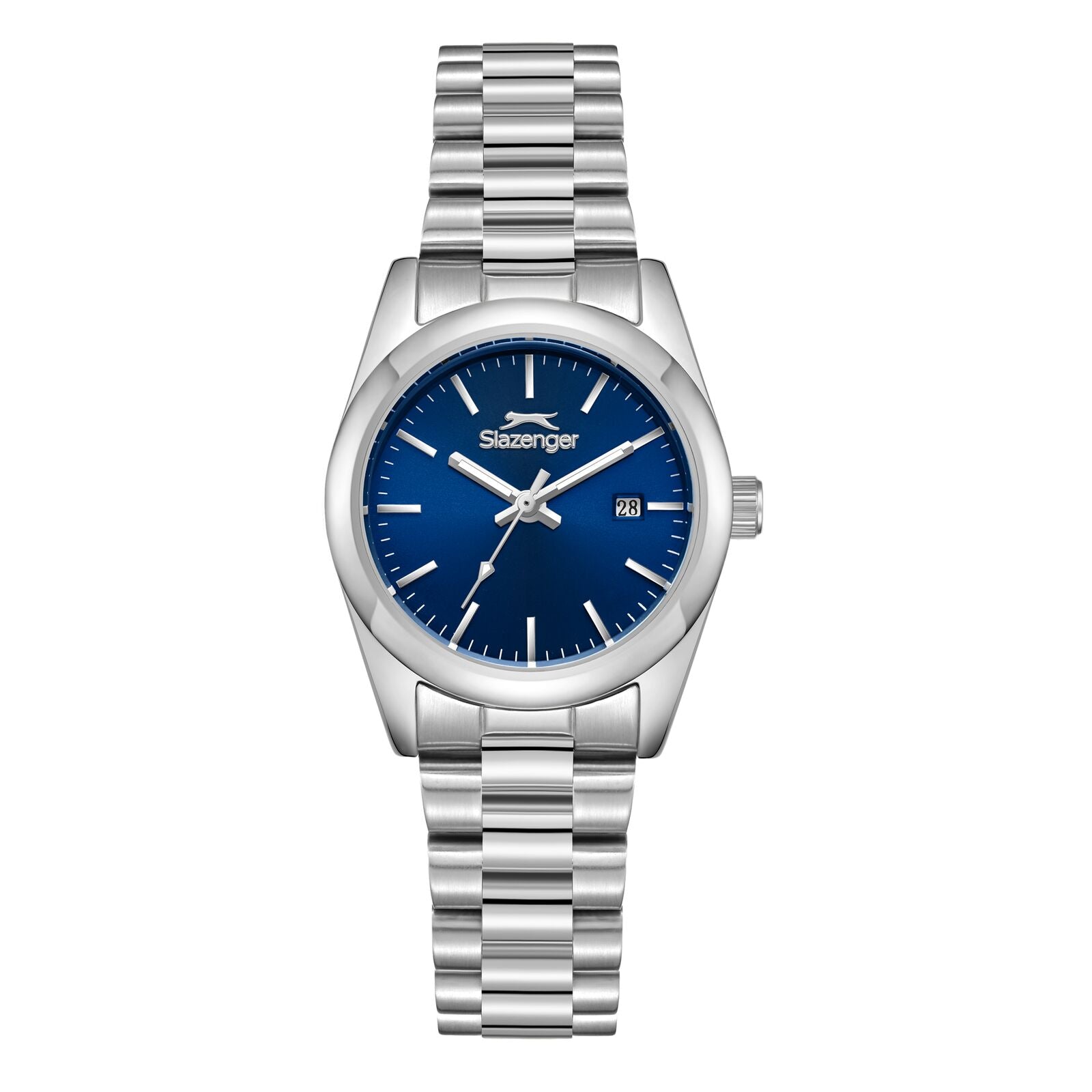Slazenger silver stainless steel watch with blue dial and day-date window