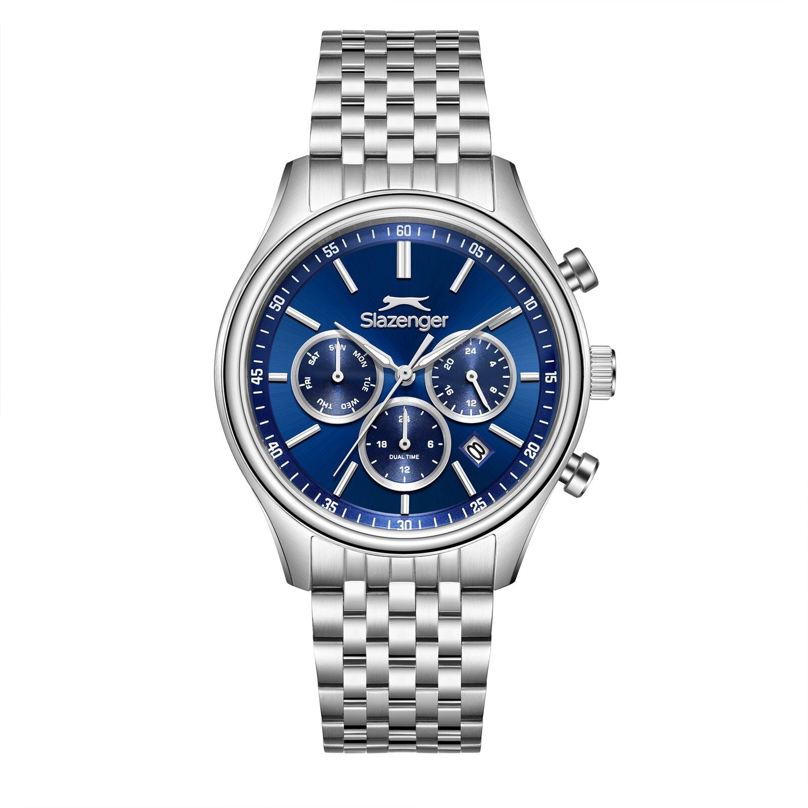 Slazenger chronograph watch with blue dial and silver stainless steel bracelet