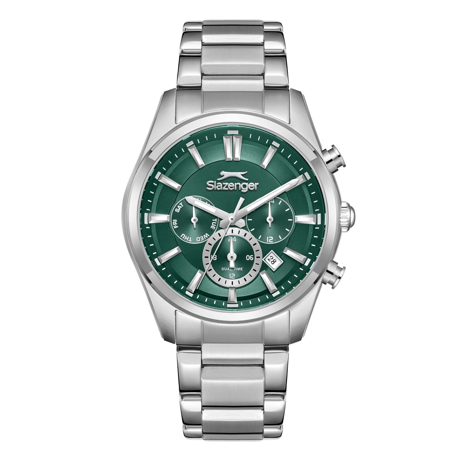 Slazenger Sport green dial multifunction chronograph watch with metallic stainless steel case and bracelet