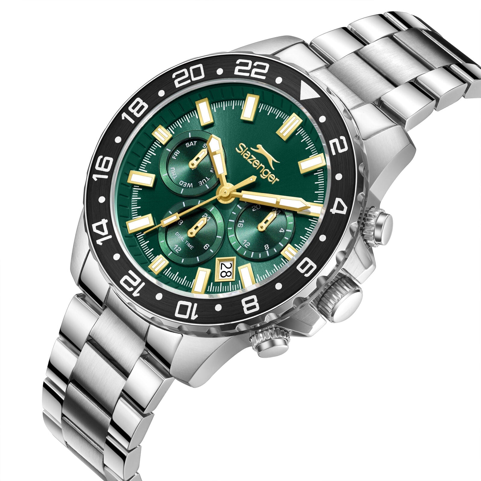 Slazenger multifunction watch with green dial and silver bracelet shown at angle