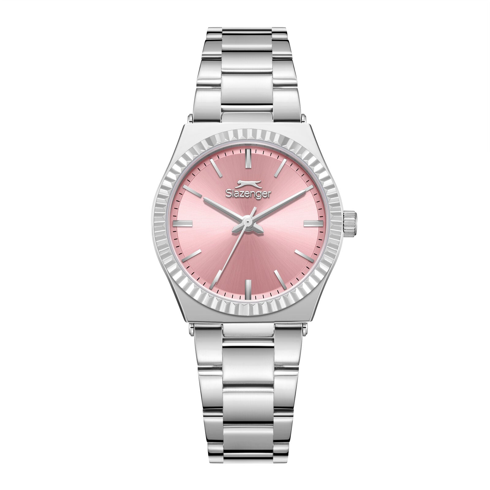 Slazenger fashion watch with pink mother-of-pearl dial and silver-tone stainless steel case and bracelet