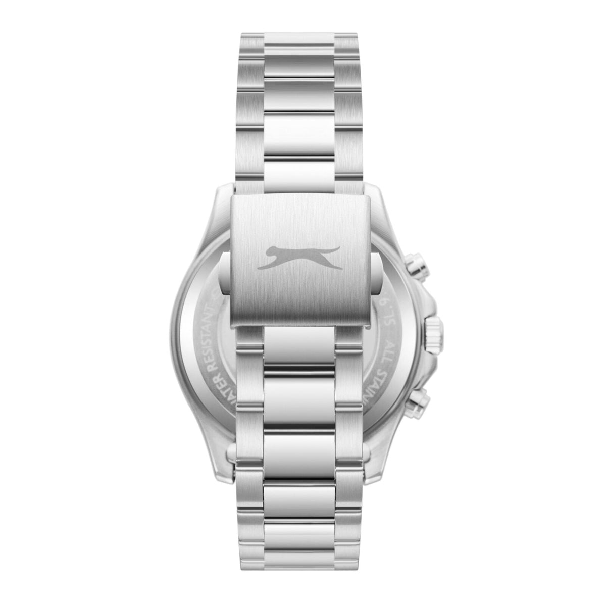 Slazenger watch caseback showing silver stainless steel and Slazenger branding