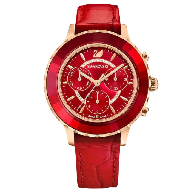 Swarovski Octea Lux Chrono chronograph watch with red faceted crystal bezel, red dial, and rose gold case