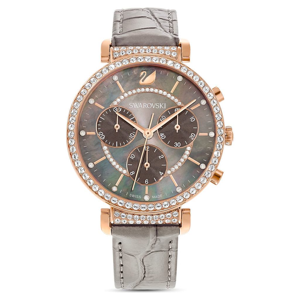 Swarovski Passage Chrono chronograph watch with crystal taupe dial, rose gold-tone case, crystal bezel, and gray leather strap