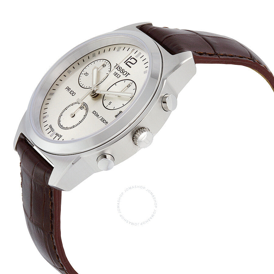 Tissot PR100 Chronograph Silver Dial Brown Leather Men's Watch T0494171603700 - Dawson Watches #2