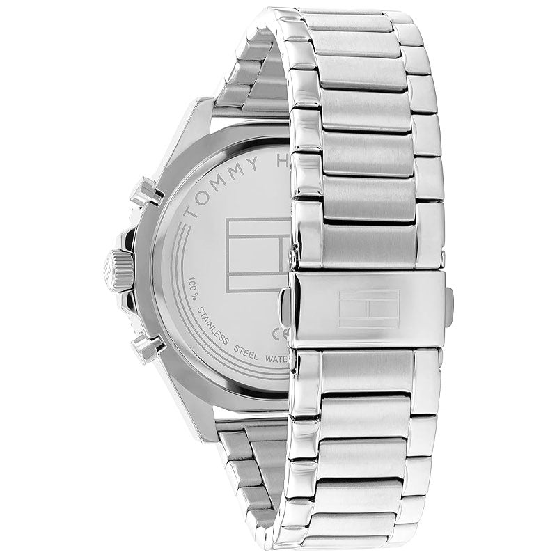 Tommy Hilfiger Larson watch side profile showing silver steel bracelet