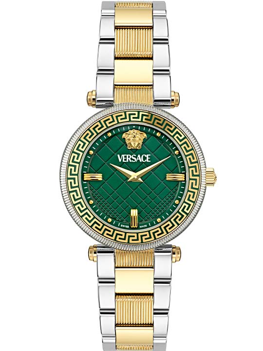Versace Reve Lady watch with green quilted dial, two-tone bracelet, and Medusa logo