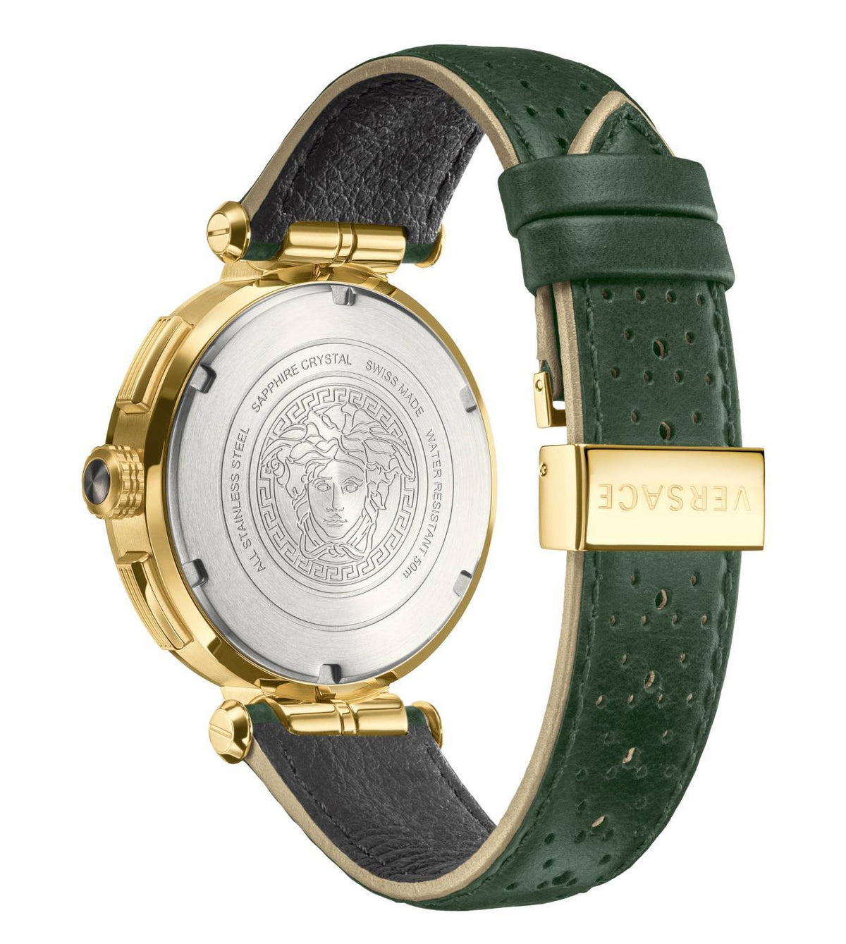 Caseback of Versace Aion chronograph with Medusa logo and green leather strap detail
