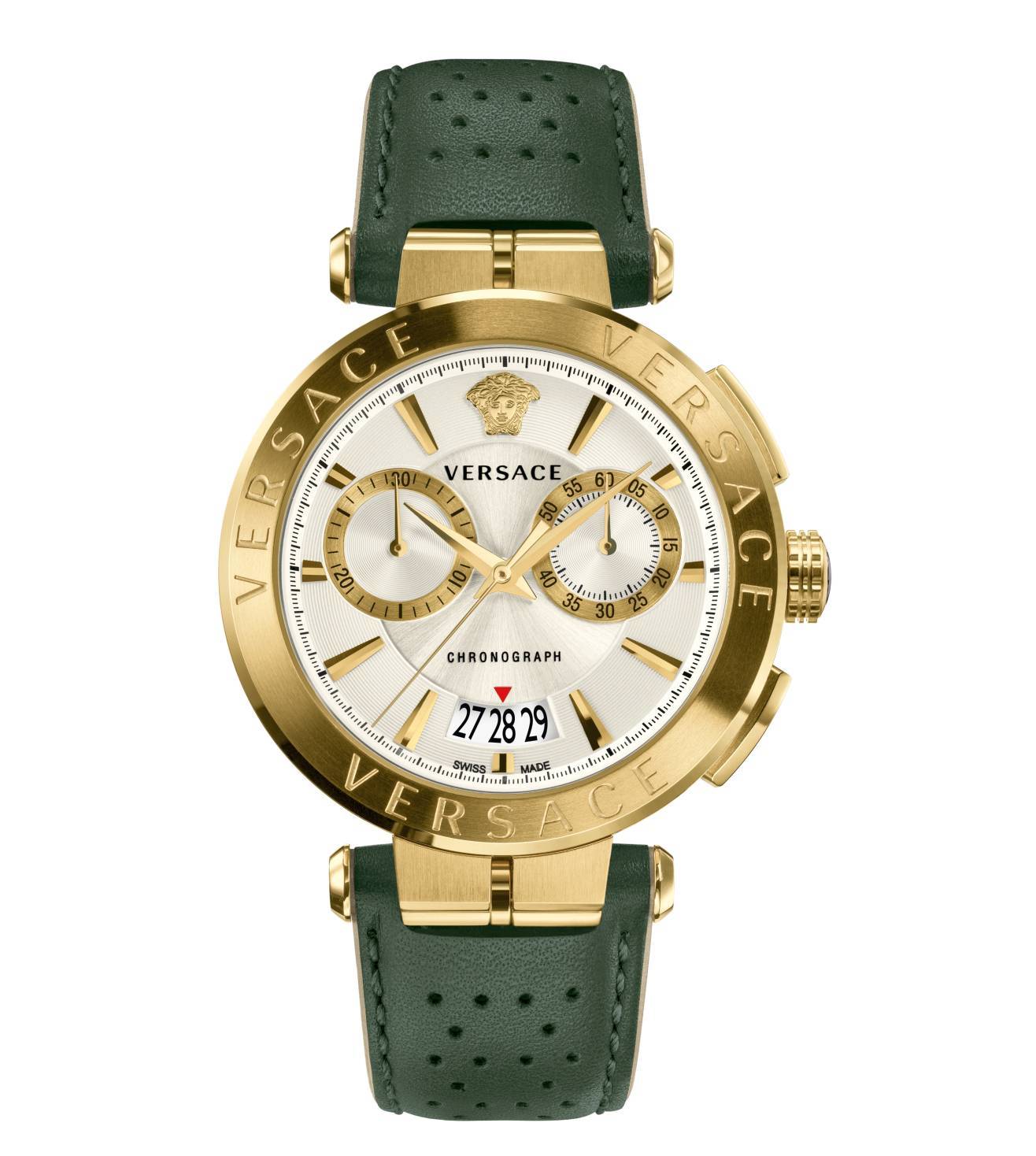 Versace Aion chronograph men's watch with gold case, white dial, and green perforated leather strap