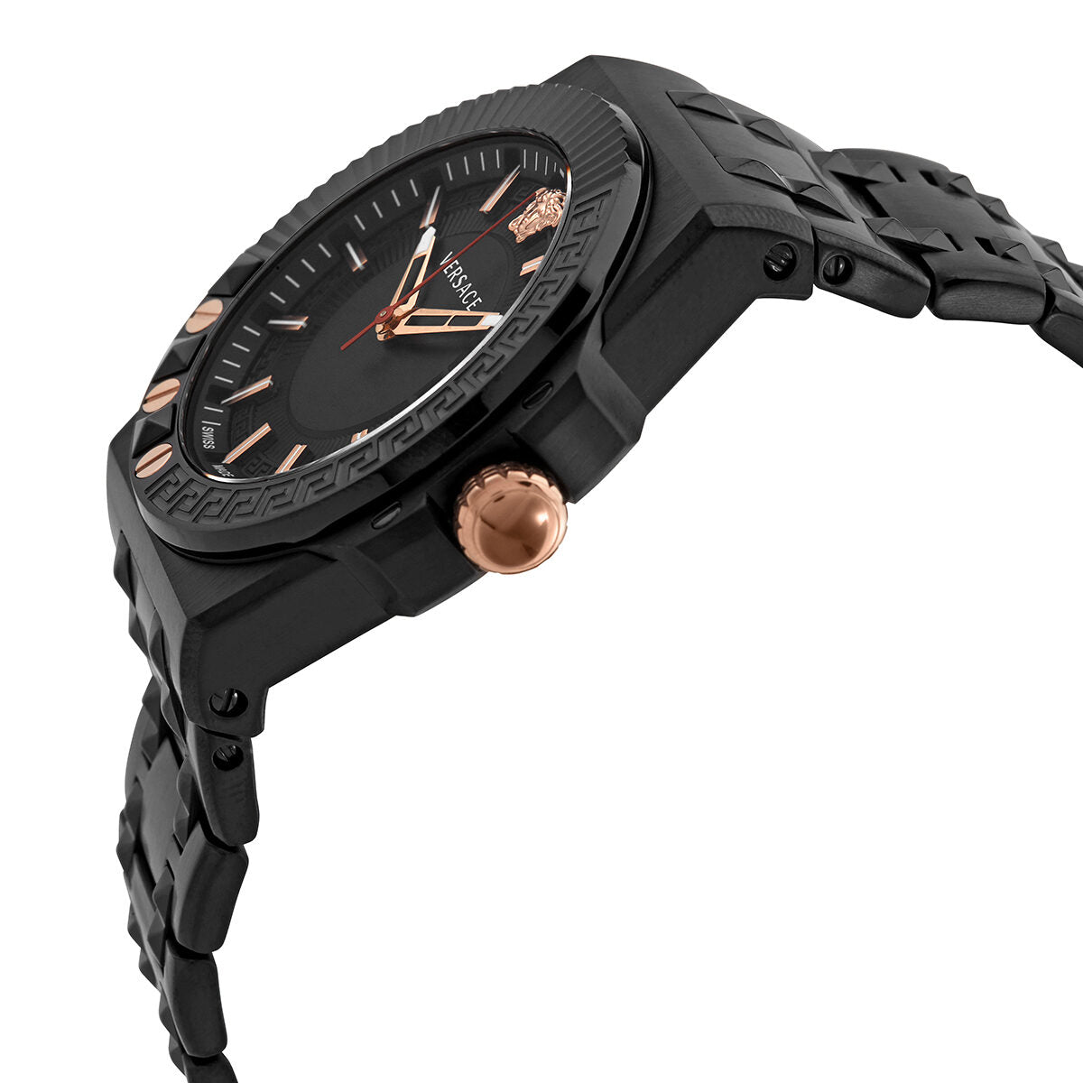 Versace Chain Reaction watch at angle showing black case, black bracelet, and rose gold crown