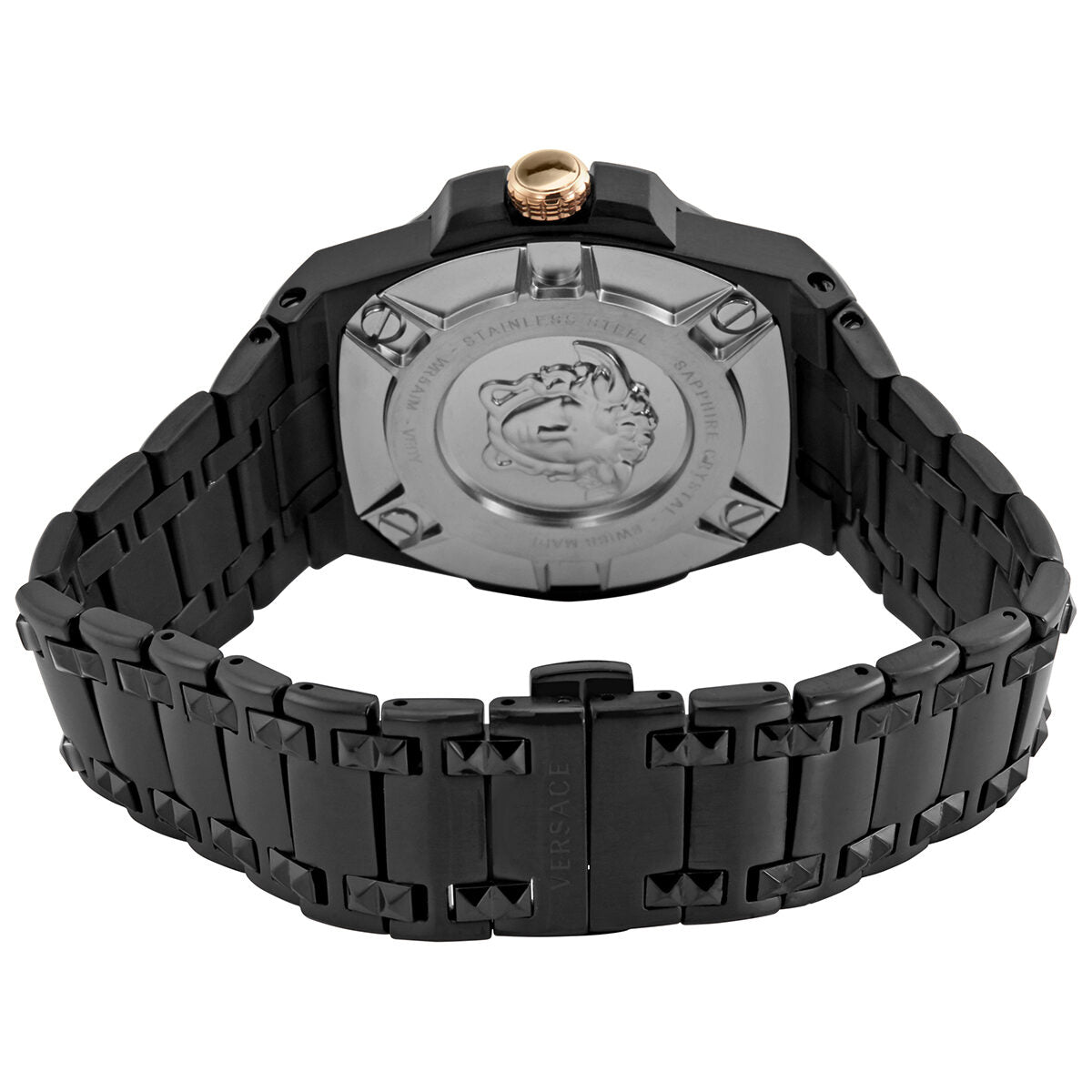 Versace Chain Reaction watch caseback showing Medusa logo and black steel bracelet with folding clasp