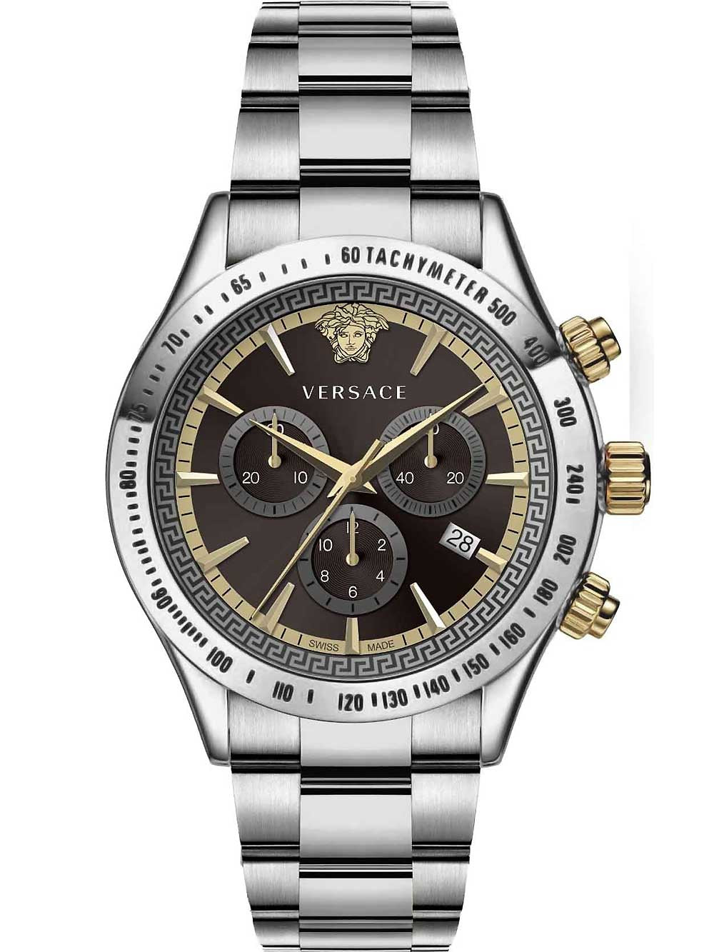 Versace Chronograph Classic silver men's watch with black dial, gold tone hands, and tachymeter bezel
