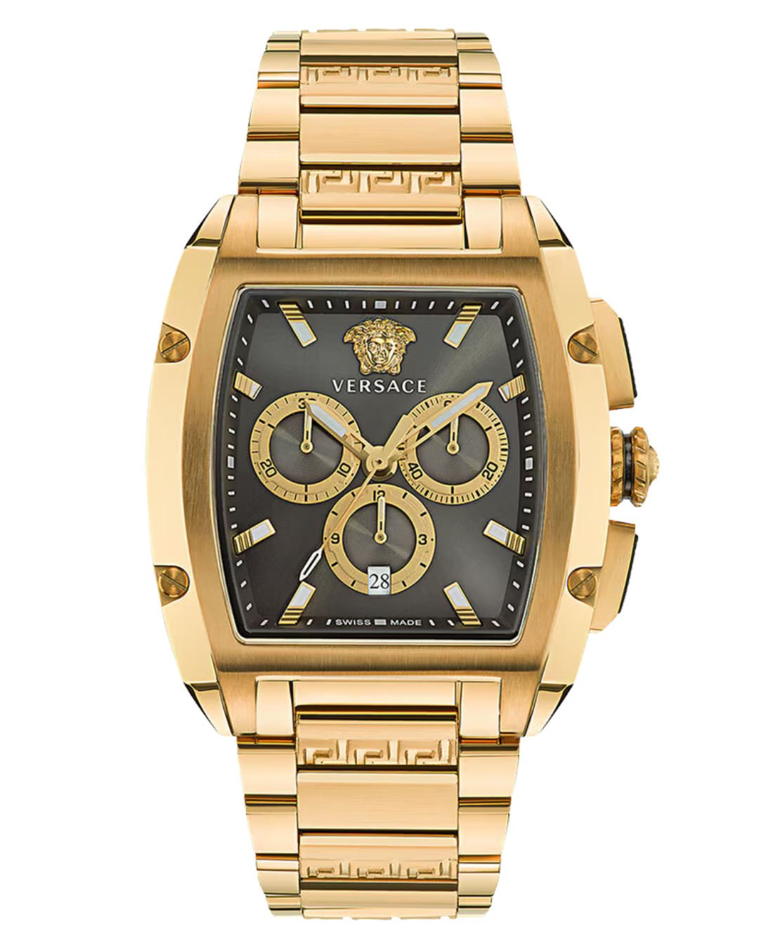 Versace Dominus chronograph watch with black dial, three gold subdials, gold steel case and bracelet