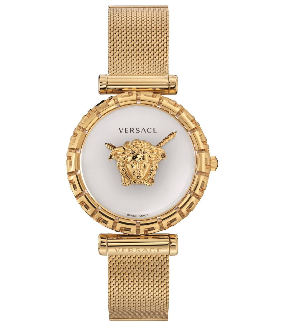 Versace Empire Greca gold women's watch with white dial, Medusa head logo, and mesh strap