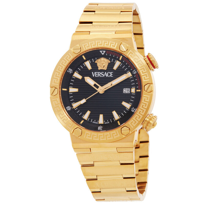 Gold Versace watch with black face on a white background