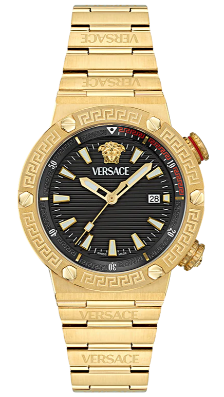 Versace Greca Logo gold steel watch with black dial and Greca pattern bezel