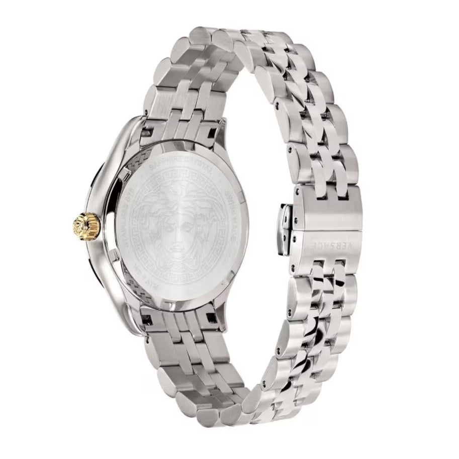 Side view of Versace Hellenyium watch showing silver steel bracelet and case profile