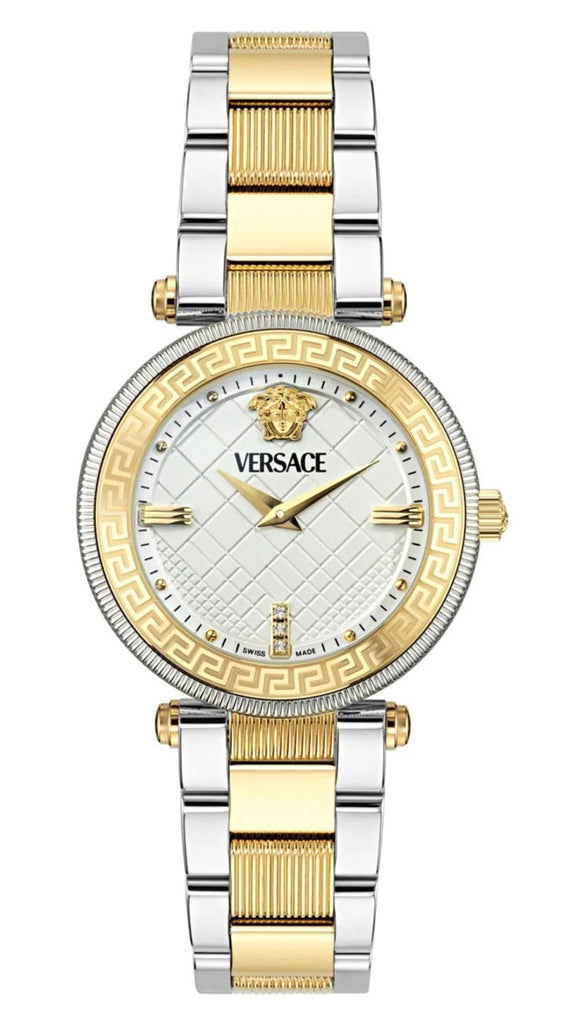 Versace Reve women's watch with white textured dial, two-tone steel and gold bracelet