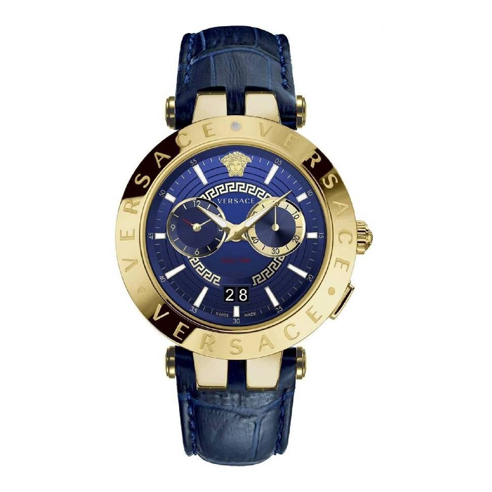 Versace V-Race quartz watch with blue dial, gold-tone case, and blue leather strap