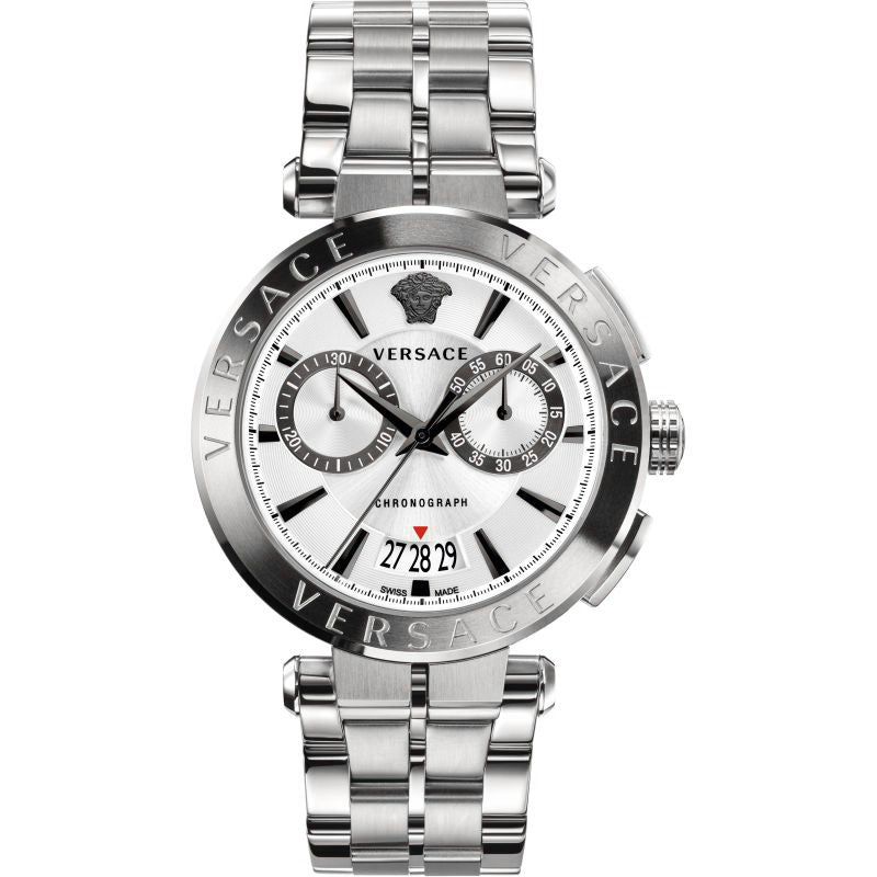 Versace V-Racer chronograph silver watch with white dial, chronograph subdials, and steel bracelet