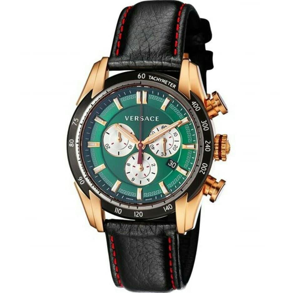 Versace V-Ray chronograph watch with green dial, gold-tone case, and black leather strap