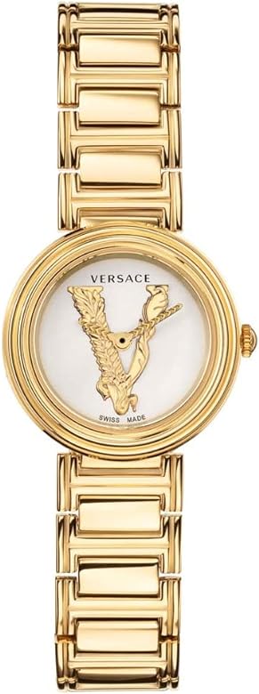 Versace Virtus Mini women's watch with white dial and gold Medusa logo, gold bracelet strap
