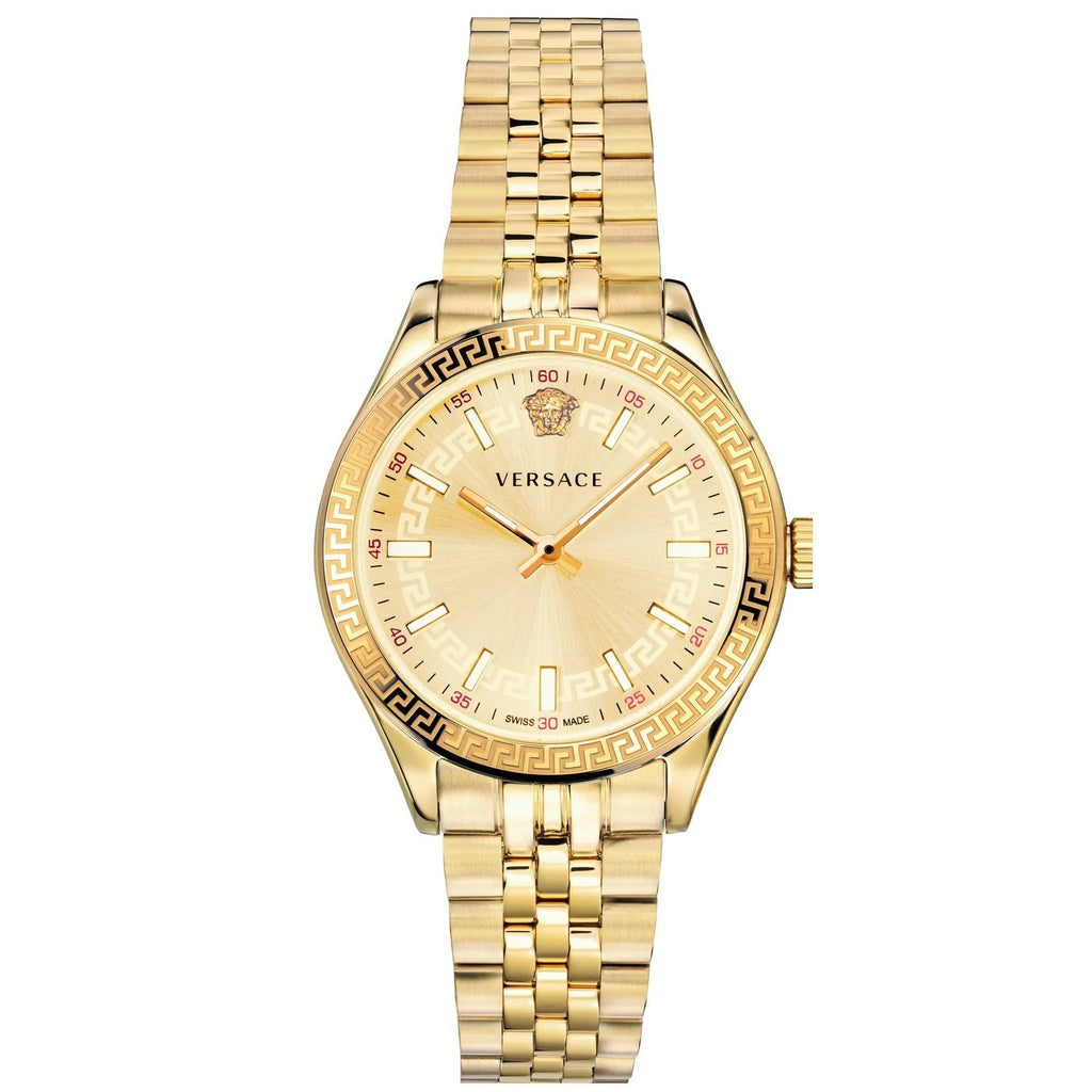 Versace Virtus gold watch with champagne dial and Greek key bezel on gold bracelet