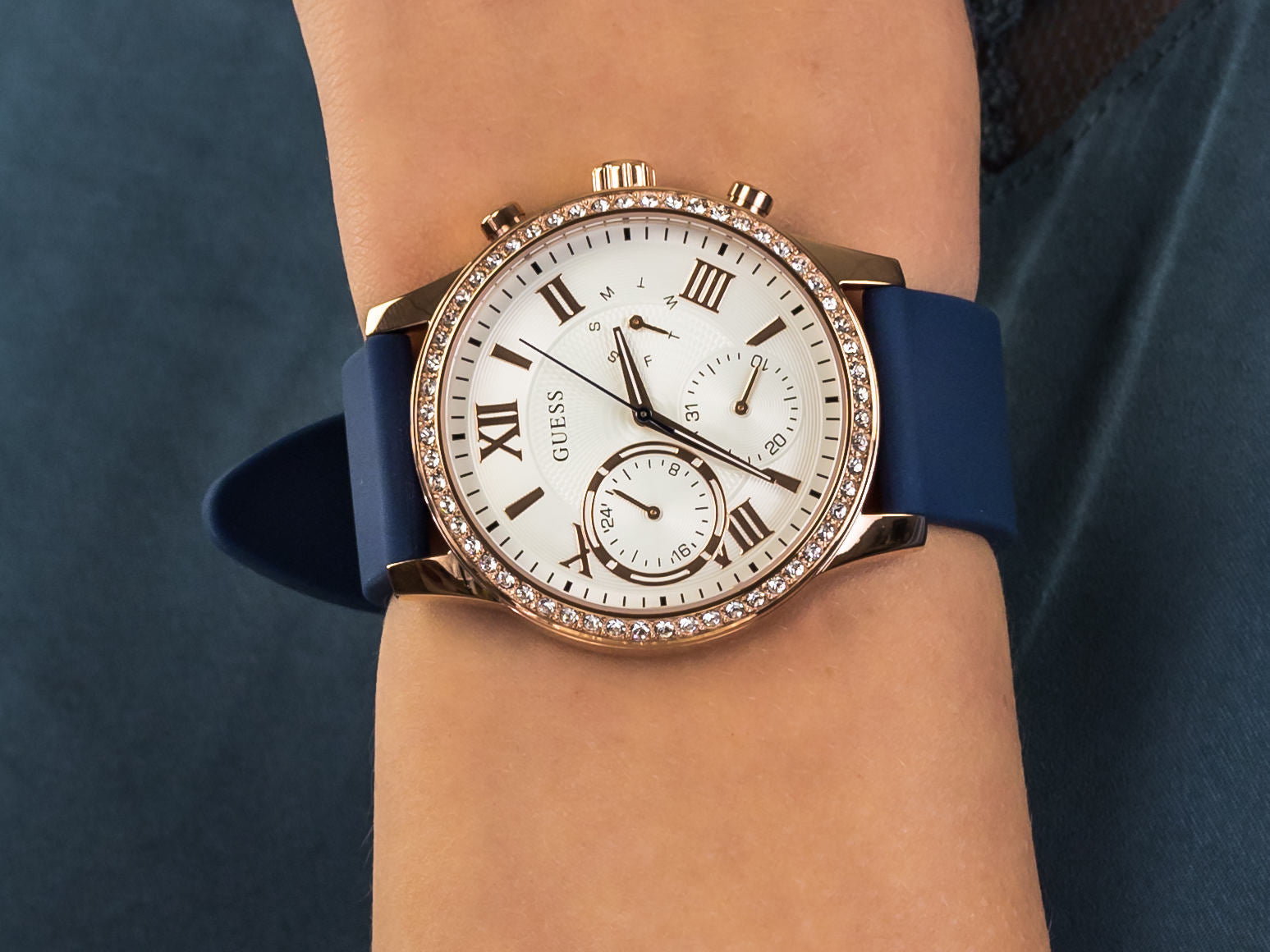 Guess Crystal Silver Dial Blue Silicone Ladies Watch W1135L3